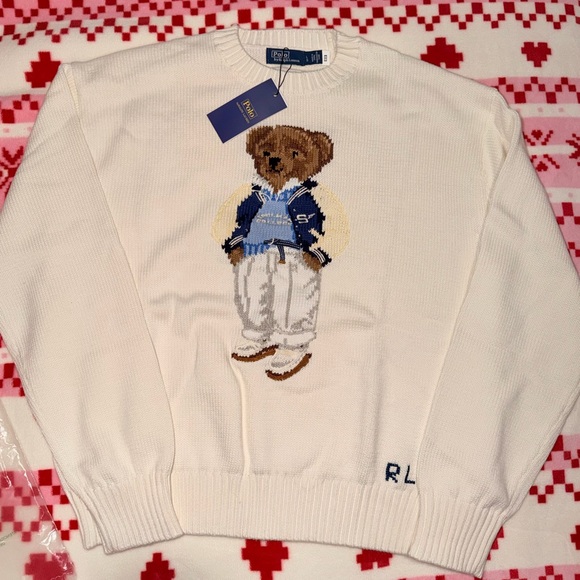 Ralph Lauren White Sweater with Bear Motif SZ L - Picture 5 of 9